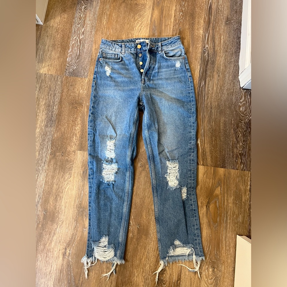 Zara Blue High Rise Distressed Jeans